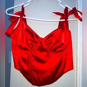 NWT red corset tie strap top with zip up back L